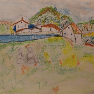 vintage    abstract  pastel landscape people in field stream houses