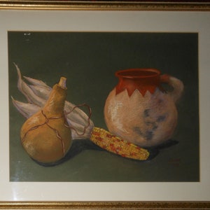 vintage southwest  painting  Navaho  pottery southwest pastel of gourds corn and pottery signed