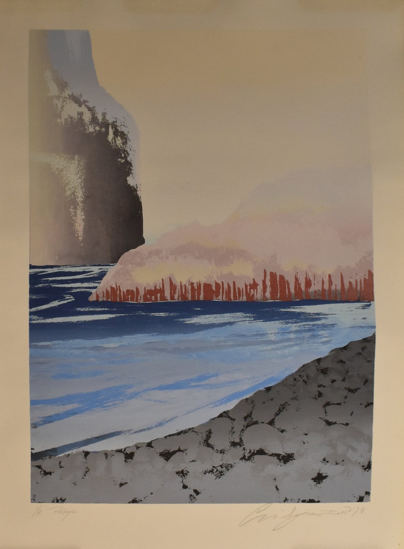 vintage absract color serigraph lake landscape of mountain passage trees artist signed one of four image 8