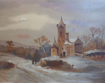 vintage  folk      oil painting of church in winter with two people