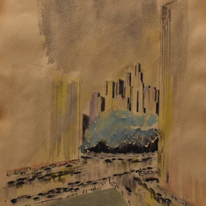 vintage  abstract    watercolor line drawing of city view