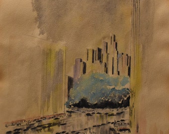 May include: A watercolor painting of a city skyline with tall buildings and a park in the foreground. The painting is done in shades of brown, gray, and blue.