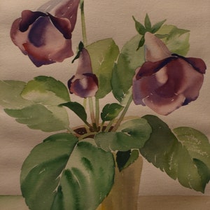 vintage  purple pink flowers    art  watercolors   signed