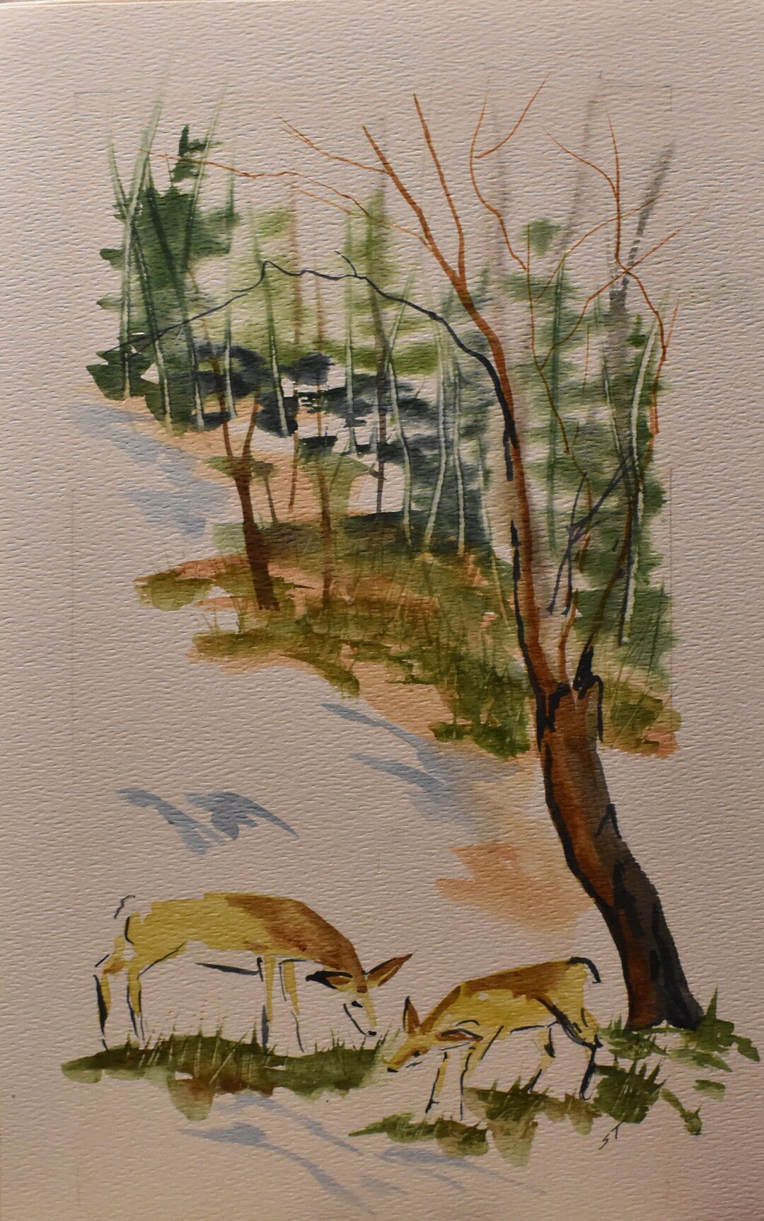 Vintage Deer in Stream Deco Watercolor With Trees Artist Signed - Etsy