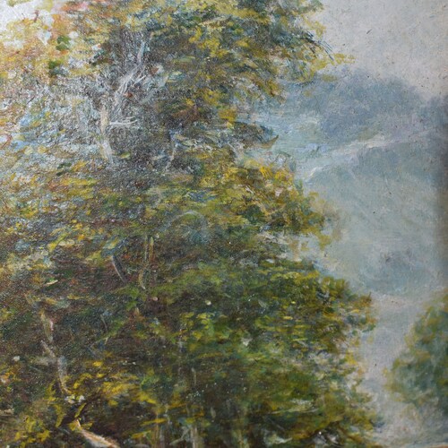Vintage river art of man rowing boat shops shore oil painting of man in boat river shore trees hills stone viaduct