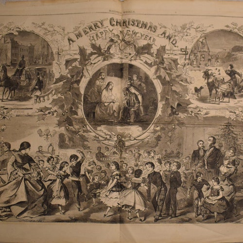 Vintage 1859 homer artist wood engraving holiday n y Winslow homer wood engraving of Christmas in new York shops