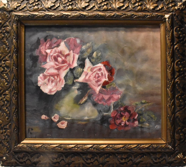 Vintage Roses Still Life Oil Painting of Pink Red Roses in Vase Artist ...