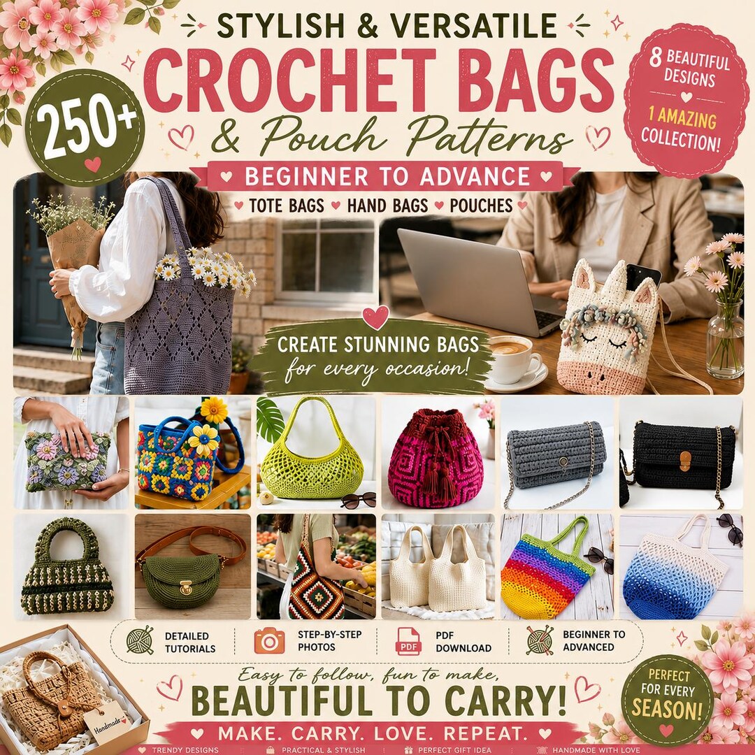 250+ Crochet Bag Patterns PDF Bundle | Tote, Crossbody & Pouch Crochet ...