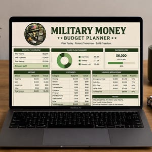 Puede incluir: Un ordenador portátil MacBook Air muestra un "MILITARY MONEY BUDGET PLANNER" con datos financieros, incluidos ingresos, gastos y objetivos de ahorro. La pantalla muestra un gráfico de temática militar y un desglose de categorías financieras. El portátil está sobre un escritorio de madera.