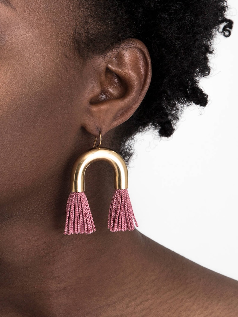 NEW Arch Tassel Statement Earrings short black fringe gold tube fun party jewelry fashion gift for her