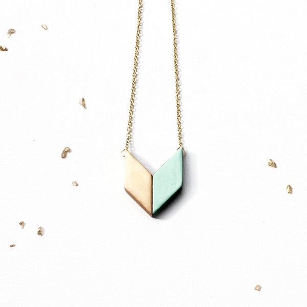 Gold & Mint Arrow Pendant / geometric wooden chevron pendant necklace in mint green, short gold chain - geometric jewelry - gift for her