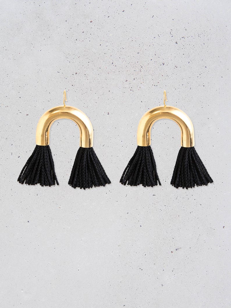 NEW Arch Tassel Statement Earrings short black fringe gold tube fun party jewelry fashion gift for her