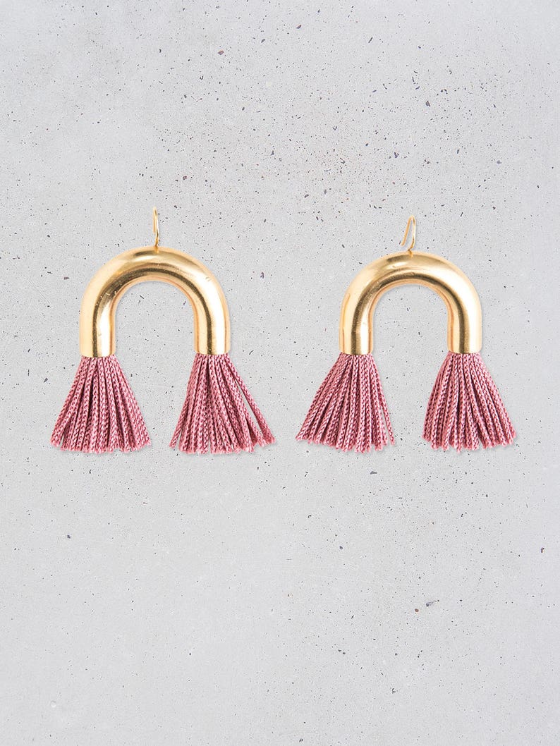 NEW Arch Tassel Statement Earrings short black fringe gold tube fun party jewelry fashion gift for her