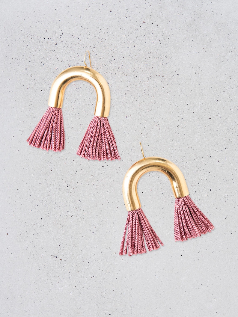NEW Arch Tassel Statement Earrings short black fringe gold tube fun party jewelry fashion gift for her