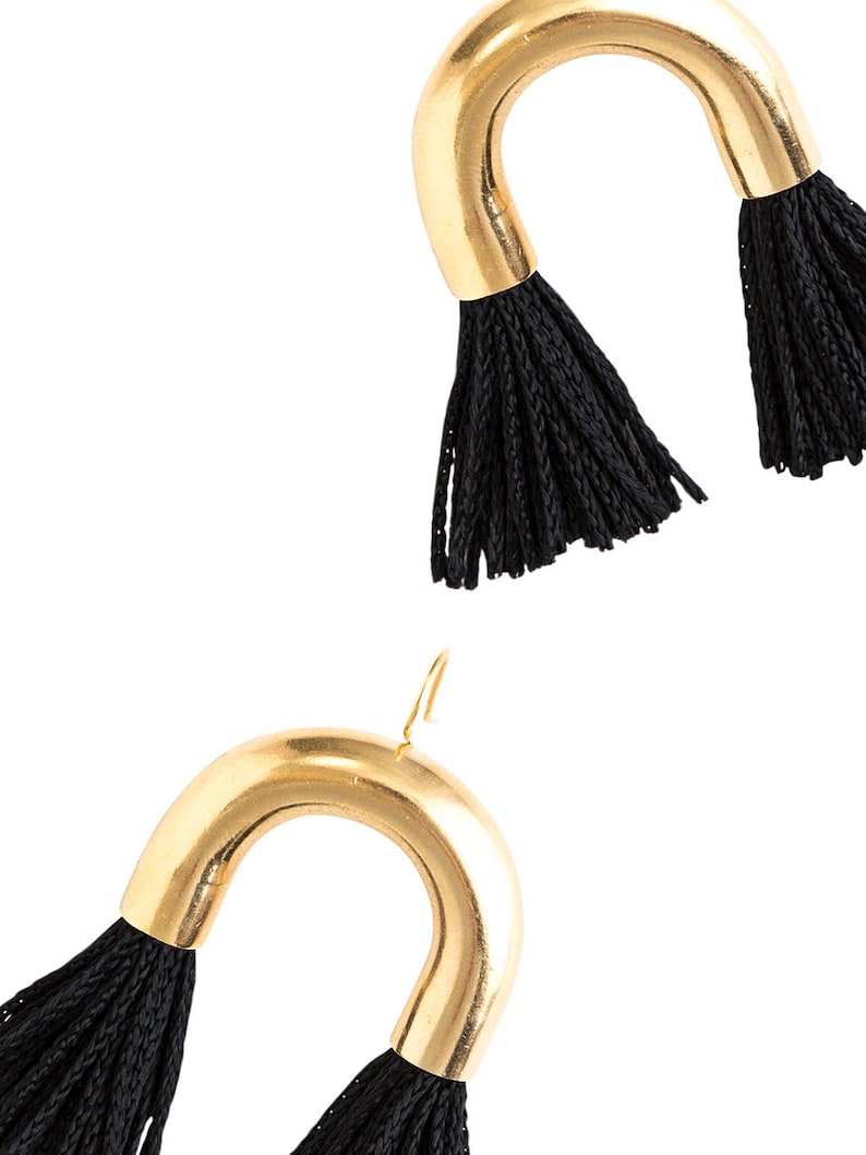 NEW Arch Tassel Statement Earrings short black fringe gold tube fun party jewelry fashion gift for her