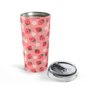 Strawberry Pattern Tumbler 20oz, Red Fruit Water Bottle,  Cute Summer Drinkware with Glossy Full Wrap Design