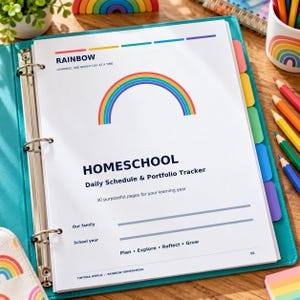 Może przedstawiać: Turkusowy segregator z trzema pierścieniami zawierający białą stronę zatytułowaną Rainbow Homeschool Daily Schedule & Portfolio Tracker. Strona zawiera kolorową grafikę tęczy, pola tekstowe na rodzinę i rok szkolny oraz stopkę Plan, Explore, Reflect, Grow.