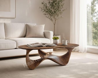Organic Wooden Coffee Table Handmade Solid Wood Low Table, Sculptural Curved Base Center Table For Modern Living Room