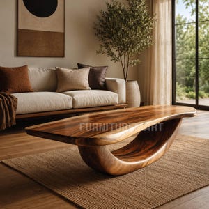 Solid Wood Coffee Table, Handmade Sculptural Curved Base Table, Organic Modern Center Table for Living Room