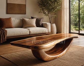 Solid Wood Coffee Table, Handmade Sculptural Curved Base Table, Organic Modern Center Table for Living Room