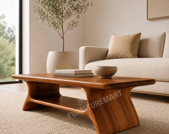 Mesa de centro de madera maciza con estante abierto, mesa de centro de madera hecha a mano, mesa de centro baja de estilo rústico moderno para sala de estar.