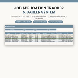 May include: A digital job application tracker and career system spreadsheet with columns for company, role, date applied, source, status, salary range, job link, next action, date, and notes. Includes buttons for Google Sheets, Excel, and download.