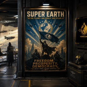 May include: A rectangular propaganda poster titled SUPER EARTH with the text ONE PLANET. ONE PEOPLE. ONE FUTURE. and FREEDOM. PROSPERITY. DEMOCRACY. ENLIST TODAY. SECURE TOMORROW. It depicts soldiers holding a flag before a city and a planet.