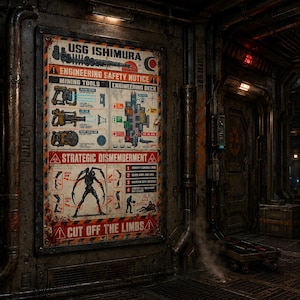 May include: A rectangular metal sign titled USG Ishimura Engineering Safety Notice mounted on a dark industrial wall. The poster features diagrams of mining tools, a deck map, and instructions for strategic dismemberment with the text Cut Off The Limbs.