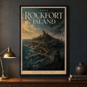 Reisposter van Rockfort Island – Print geïnspireerd op Veronica uit Resident Evil Code, vintage gotische gaming muurdecoratie