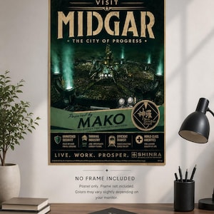 Puede incluir: Un póster rectangular de tamaño A3 que mide 297 x 420 mm. El póster presenta un gráfico en verde oscuro y negro de la ciudad de Midgar con el texto Visit Midgar The City of Progress, Powered by Mako y Shinra, junto a varios iconos.
