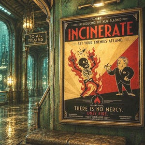 Póster de BioShock Incinerate Plásmido, Arte mural de videojuegos estilo art déco de Rapture (varios tamaños)