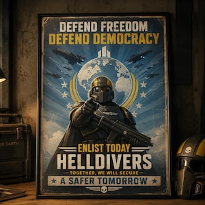 May include: A framed poster featuring a soldier in dark armor pointing forward, with the text DEFEND FREEDOM, DEFEND DEMOCRACY, ENLIST TODAY, HELLDIVERS, TOGETHER, WE WILL SECURE A SAFER TOMORROW, set against a blue background with a globe and ships.