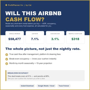 Puede incluir: Una plantilla de planificación financiera digital para alquileres de Airbnb titulada Will This Airbnb Cash Flow? de ProfitPlanner Co. Muestra métricas como ingresos anuales de $58,477, una tasa de capitalización del 7.1% y $318 de flujo de caja mensual.
