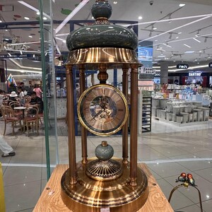 Luxury Vintage Brass & Marble Skeleton Table Clock with Rotating Pendulum, Ornate Column Mantel Clock Decor