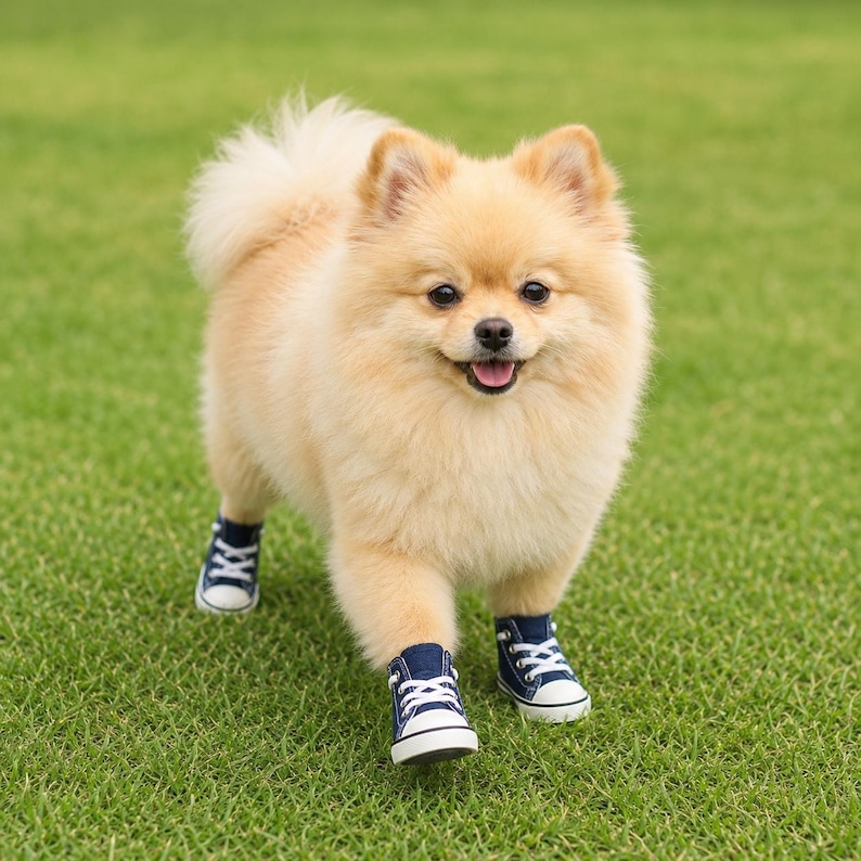 Pu&ograve; includere: Un soffice cane di razza Pomerania dal pelo color marrone chiaro, in piedi, che indossa quattro piccole scarpe da ginnastica in tela blu scuro con punte in gomma bianca, lacci bianchi e suole bianche. Il cane ha un folto pelo color crema.