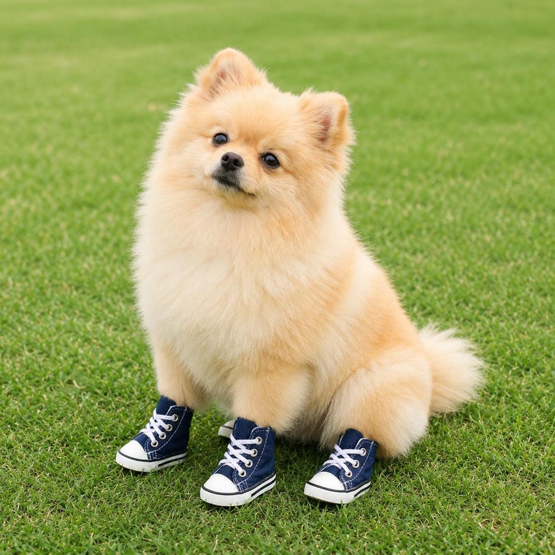 Pu&ograve; includere: Un soffice cane di razza Pomerania color marrone chiaro che indossa quattro piccole scarpe da ginnastica in tela blu navy con punte in gomma bianca, lacci bianchi e suole bianche. Il cane &egrave; seduto e mostra le calzature alte su tutte le zampe.