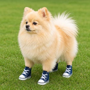 Pu&ograve; includere: Un soffice cane di razza Pomerania color crema in piedi sull'erba, che indossa quattro piccole scarpe da ginnastica in tela blu navy con punte in gomma bianca, lacci bianchi e suole bianche. Il cane ha folta pelliccia e orecchie dritte.