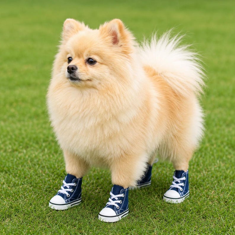 Pu&ograve; includere: Un soffice cane di razza Pomerania color crema in piedi sull'erba, che indossa quattro piccole scarpe da ginnastica in tela blu navy con punte in gomma bianca, lacci bianchi e suole bianche. Il cane ha folta pelliccia e orecchie dritte.