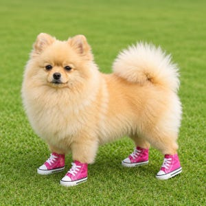 Pu&ograve; includere: Un soffice cane di razza Pomerania dal pelo color marrone chiaro, in piedi, che indossa quattro scarpe da ginnastica in tela rosa brillante. Ogni scarpa presenta punta in gomma bianca, lacci bianchi e suola bianca, coprendo le quattro zampe.