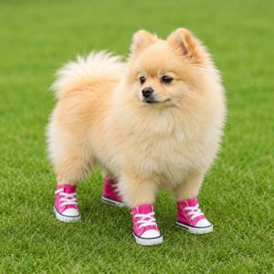 Pu&ograve; includere: Un soffice cane di razza Pomerania dal pelo color marrone chiaro, in piedi sull'erba, indossa quattro scarpe da ginnastica in tela rosa acceso con punte in gomma bianca, lacci bianchi e suole bianche. Il piccolo cane ha un folto pelo morbido.