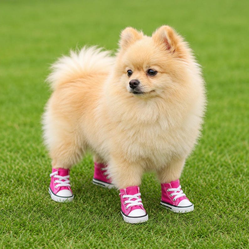 Pu&ograve; includere: Un soffice cane di razza Pomerania dal pelo color marrone chiaro, in piedi sull'erba, indossa quattro scarpe da ginnastica in tela rosa acceso con punte in gomma bianca, lacci bianchi e suole bianche. Il piccolo cane ha un folto pelo morbido.