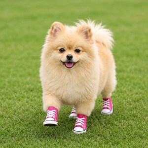 Pu&ograve; includere: Un soffice cane di razza Pomerania dal pelo color crema chiaro, in piedi sull'erba, che indossa quattro scarpe da ginnastica in tela rosa acceso con punte in gomma bianca, suole bianche e lacci bianchi. Il cane ha un piccolo naso nero.
