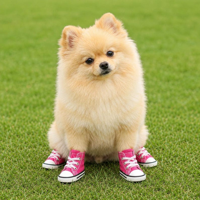 Pu&ograve; includere: Un soffice cane di razza Pomerania dal pelo color marrone chiaro, seduto in posizione eretta, che indossa quattro scarpe da ginnastica alte in tela rosa acceso con lacci bianchi, punta in gomma bianca e suola in gomma bianca su ogni zampa.