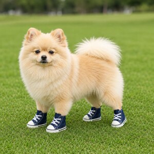 Pu&ograve; includere: Un piccolo e soffice cane di razza Pomerania color marrone chiaro, in piedi sull'erba, che indossa quattro scarpe da ginnastica in tela blu navy con punta in gomma bianca, suola bianca e lacci bianchi, progettate per le zampe del cane.