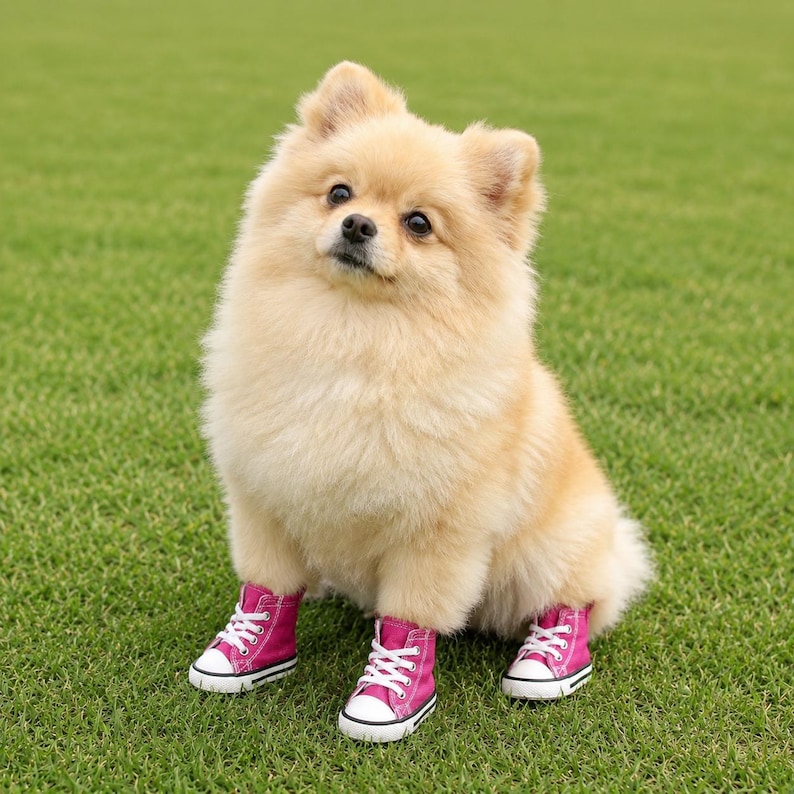 Pu&ograve; includere: Un soffice cane di razza Pomerania dal pelo color marrone chiaro, seduto in posizione eretta. Il cane indossa tre scarpe da ginnastica in tela rosa acceso sulle zampe, dotate di lacci bianchi, punte in gomma bianca e suole bianche.