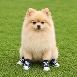 Pu&ograve; includere: Un soffice cane di razza Pomerania dal pelo color marrone chiaro che indossa quattro piccole scarpe da ginnastica in tela blu navy con punte in gomma bianca, lacci bianchi e suole bianche. Il cane ha una folta pelliccia, occhi scuri e naso nero.