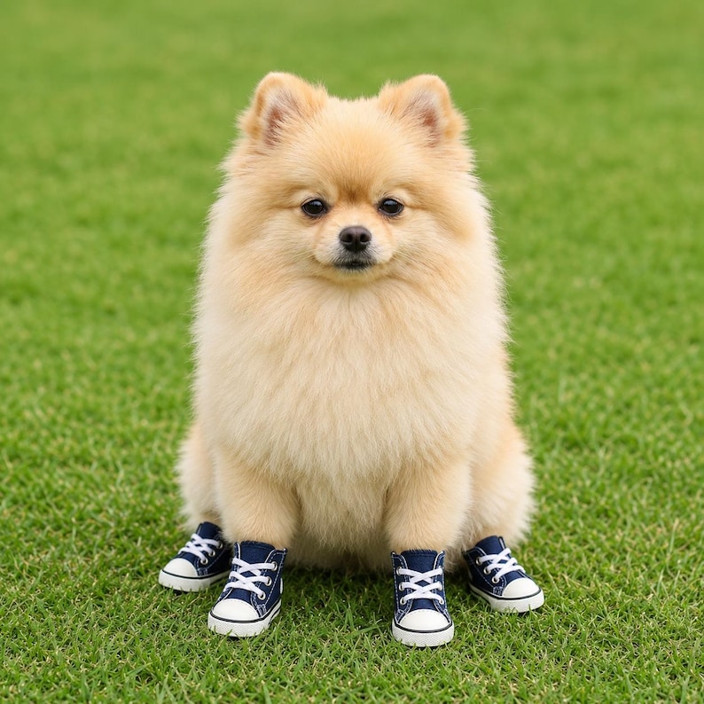 Pu&ograve; includere: Un soffice cane di razza Pomerania dal pelo color marrone chiaro che indossa quattro piccole scarpe da ginnastica in tela blu navy con punte in gomma bianca, lacci bianchi e suole bianche. Il cane ha una folta pelliccia, occhi scuri e naso nero.
