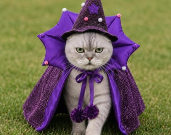 Cat Costume Set With Cape and Cap, Star Dress Up Outfit, Halloween Pet Wear, Gift for Pet Lovers