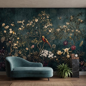 Chinoiserie Floral Dark Teal Wallpaper Mural, Vintage Bird Wall Decor, Moody Maximalist Aesthetic, Dark Botanical Peel and Stick