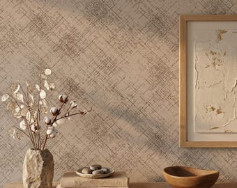 Textured Abstract Wallpaper, Modern Minimalist Wall Decor, Beige Crosshatch Accent Wall, Rustic Living Room Decor